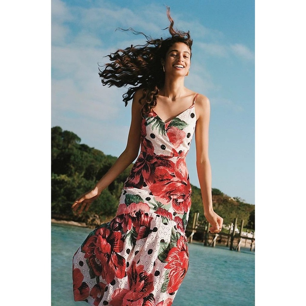 Anthropologie Farm Rio Riviera Eyelet Maxi Floral Print Dress Size US 6 Maxi